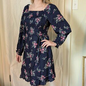 Navy Floral Smocked Mini Dress | Long Sleeve | Romantic Boho